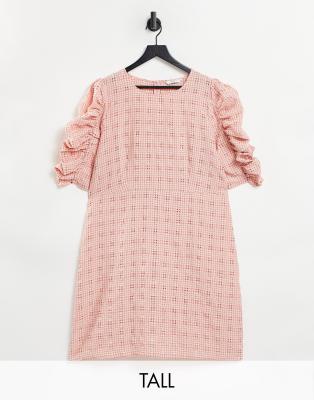 textured mini dress with ruched sleeves in pink check