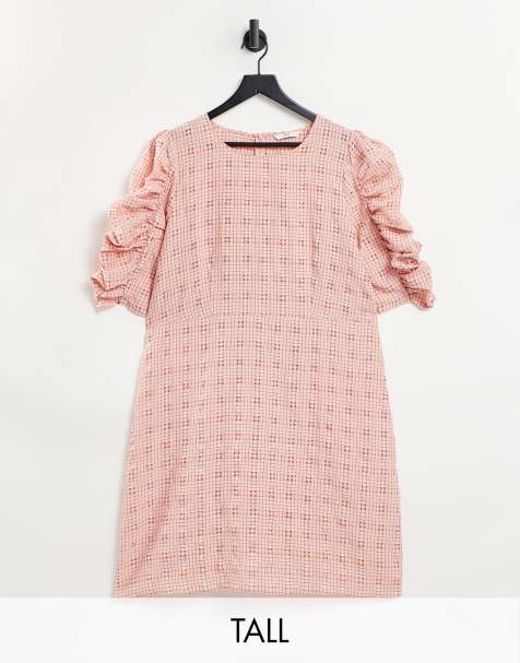 Only Tall textured mini dress with ruched sleeves in pink check