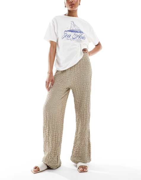 ONLY Tall textured wide leg trousers in beige - view 1