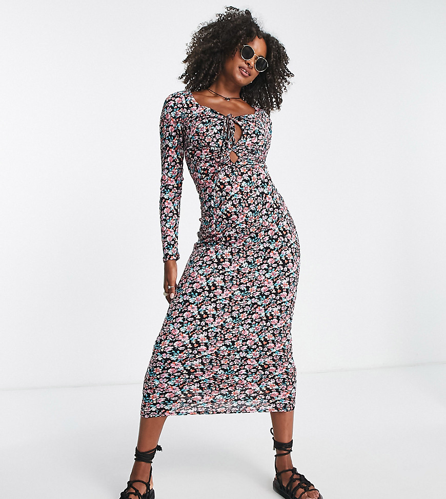 Only Tall tie detail bodycon maxi dress in black floral-Multi