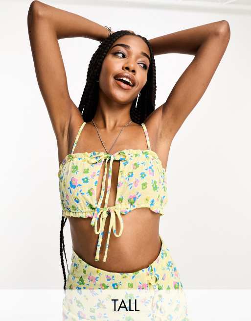 Only Tall tie detail crop top in yellow ditsy floral (Part of a