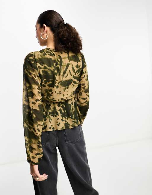 ONLY Tall tie front blouse in khaki abstract animal , 3 of 4