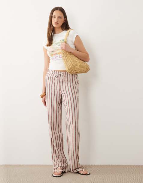 ONLY Tall tie waist pants with linen in beige and red stripes - view 1