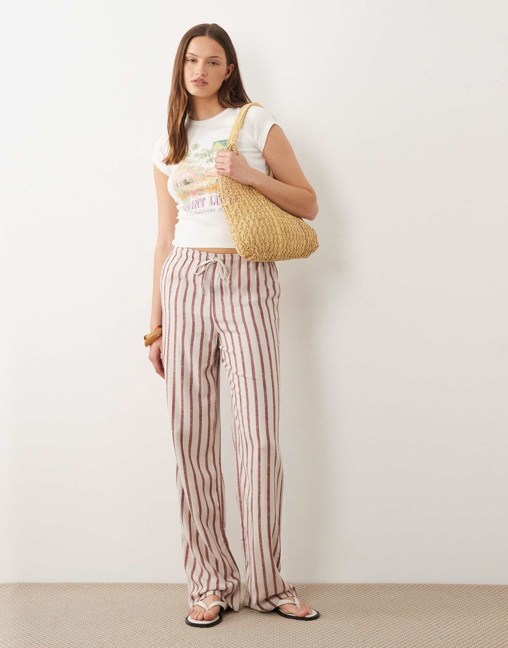 only tall tie waist pants with linen in beige and red stripes