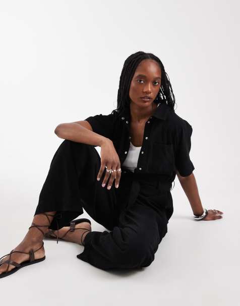 ONLY Tall tie waist short sleeve jumpsuit in black - view 1