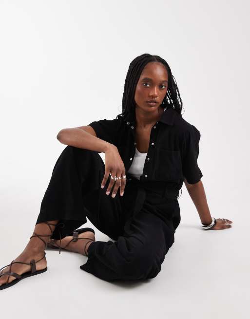 ONLY Tall tie waist short sleeve jumpsuit in black, 2 of 4