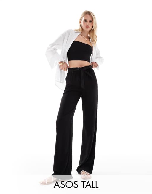 ONLY Tall tie waist wide leg linen trousers in black 