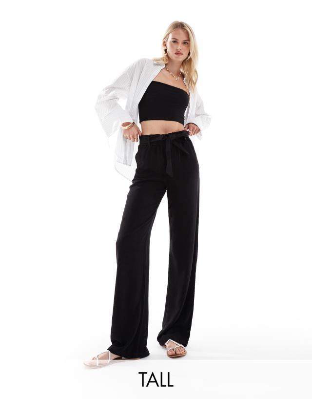 ONLY Tall - tie waist wide leg linen trousers in black