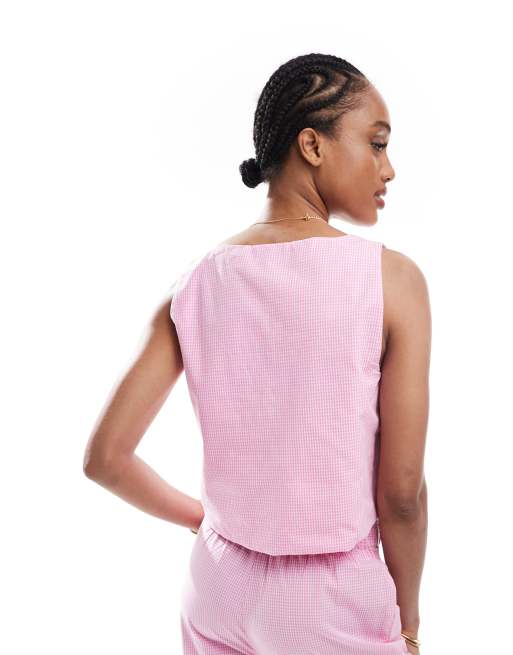 ONLY Tall - Top met gestrikte voorkant in roze gingham ruit, deel van co-ord set, 4 van 4