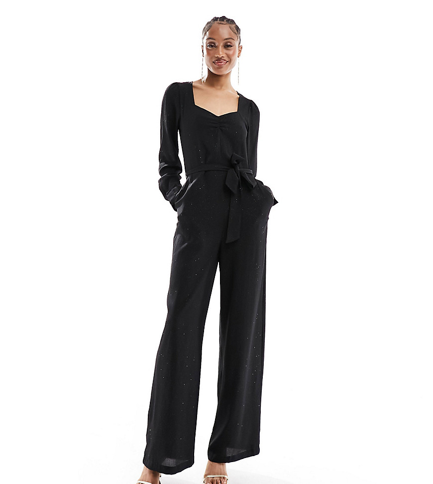 ONLY Tall v neck belted jumpsuit in black glitter