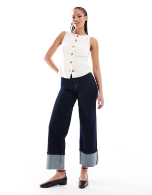 ONLY Tall - Verkürzte Jeans in Indigoblau mit weitem Bein und umgeschlagenem Saum-Marineblau