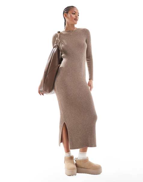 ONLY Tall - Vestito lungo beige a coste con scollo a barchetta - view 1