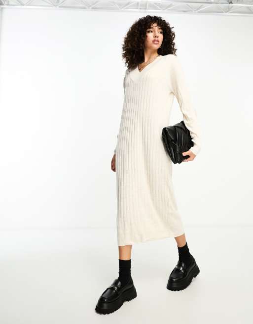 Only Tall - Vestito lungo in maglia color crema con scollo a V , 4 di 4