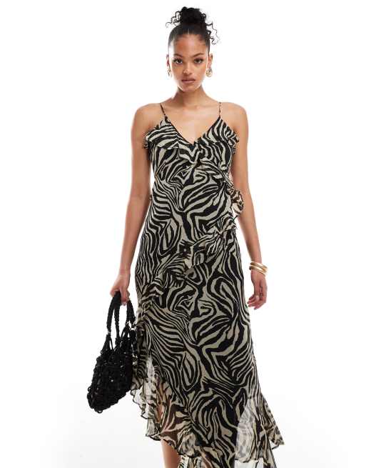 ONLY Tall Vestito lungo zebrato con volant e spalline sottili ASOS