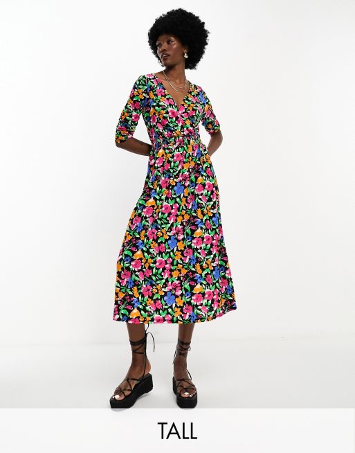 Only Tall - Vestito midi avvolgente a fiori multicolore