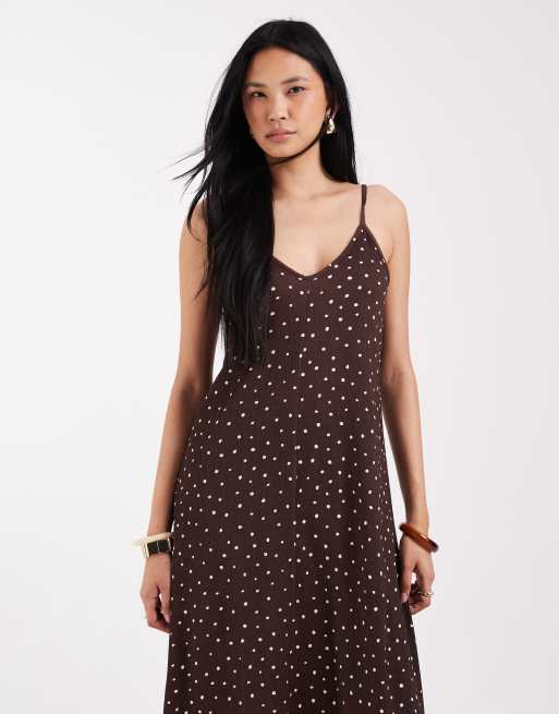 ONLY Tall - Vestito midi marrone a pois, 2 di 4