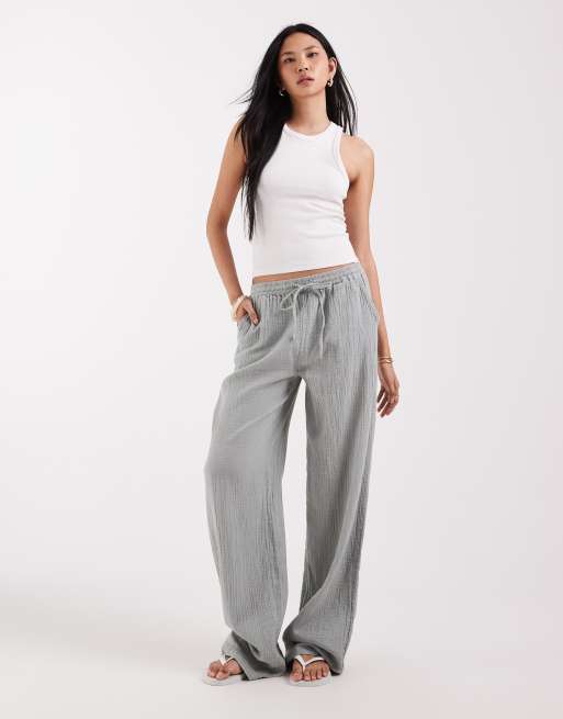 ONLY Tall – Weit geschnittene Hose aus grob gewebter Baumwolle in hellem Salbeigrün, 3 von 5