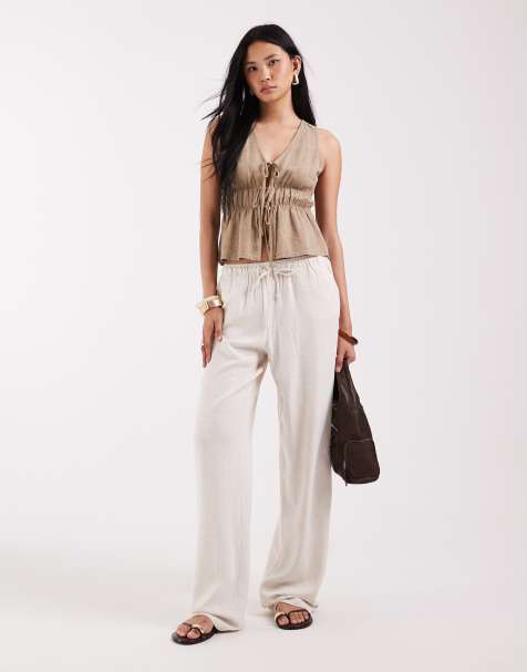 ONLY Tall – Weit geschnittene Schlupfhose aus Leinenmix in Beige - view 1