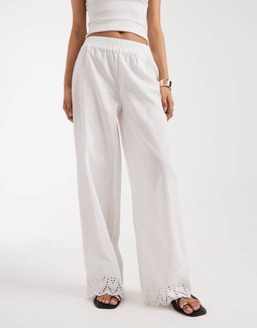 ONLY Tall white trouser with embroidered hem in white, 2 of 5
