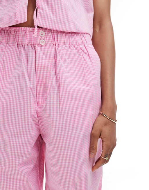 ONLY Tall wide leg boxer detail pants in pink gingham - part of a set