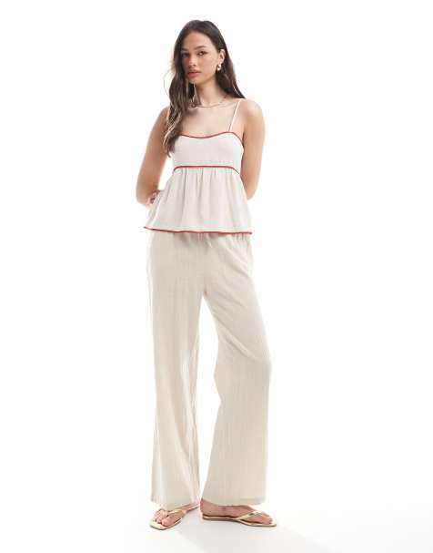 ONLY Tall wide leg linen look trousers in beige - view 1