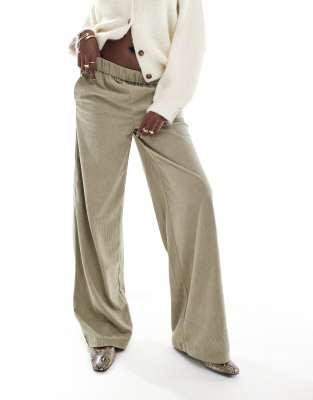 wide leg pull on cord pants in sage-Green