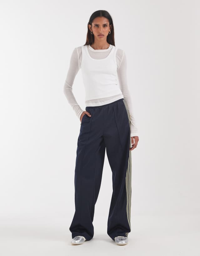 ONLY Tall wide leg satin pants with side stripe in navy | ASOS