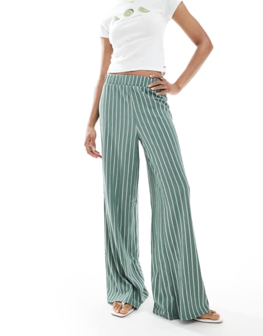 ONLY Tall wide leg textured pants in green stripe, 3 of 5
