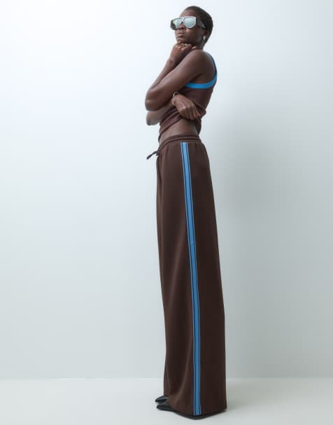 ONLY Tall wide leg trousers with blue side stripe in chocolate brown - view 1