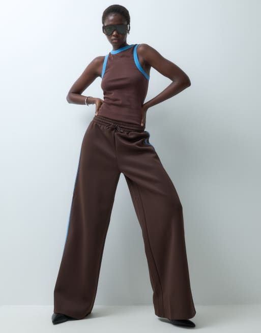 ONLY Tall wide leg trousers with blue side stripe in chocolate brown, 4 of 5
