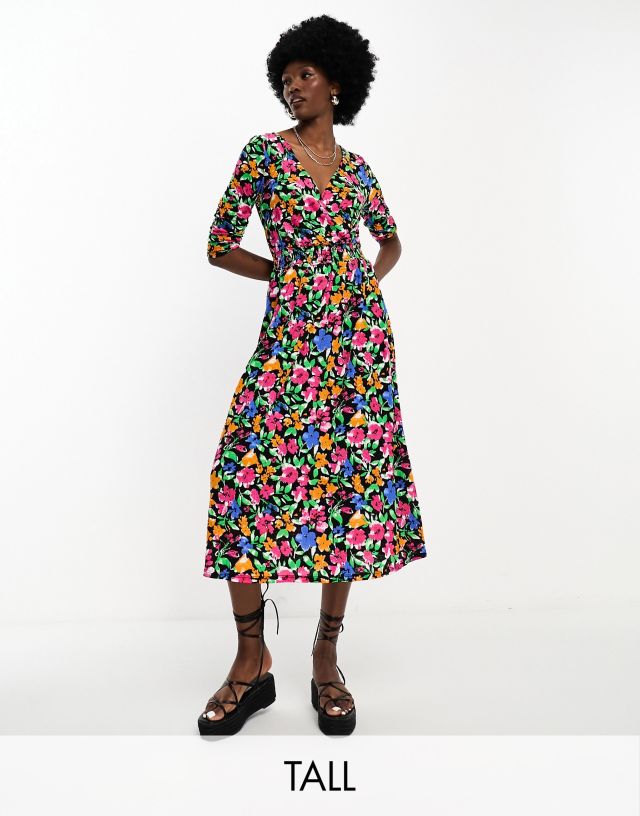 ONLY Tall - wrap midi dress in multi floral