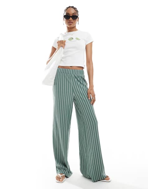 ONLY Tall wide leg textured trouser in green stripe