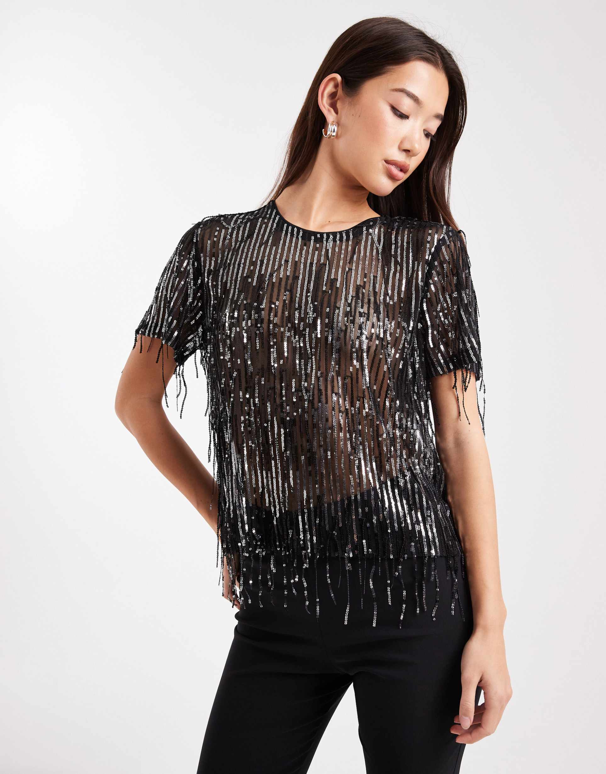 only tasseled sequins mesh top in black