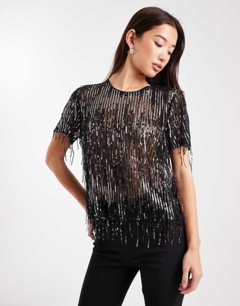 ONLY tassels sequin mesh top in black