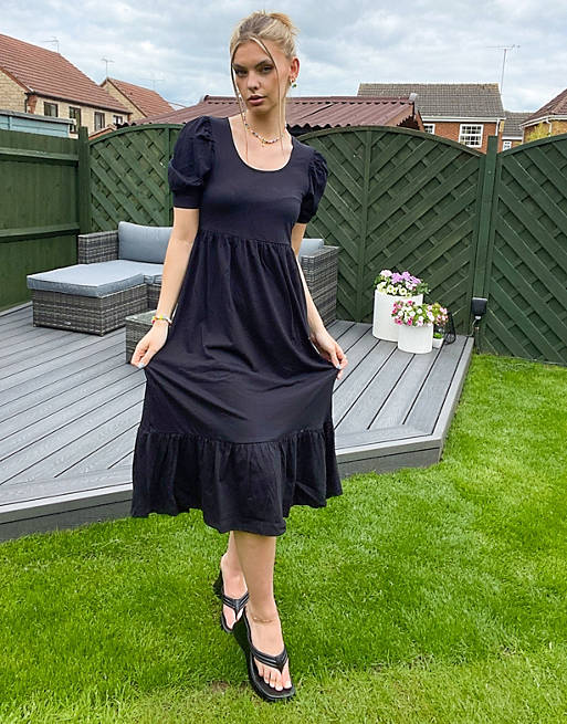Only tea dress with puff sleeve in black