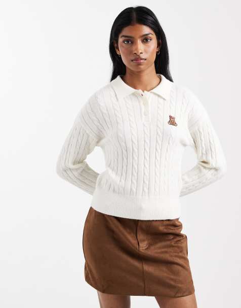 ONLY teddy bear embroidery knit polo shirt in cream - view 1