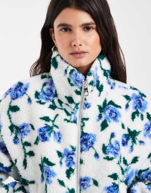 ONLY teddy fleece jacket in blue floral print, 2 of 4