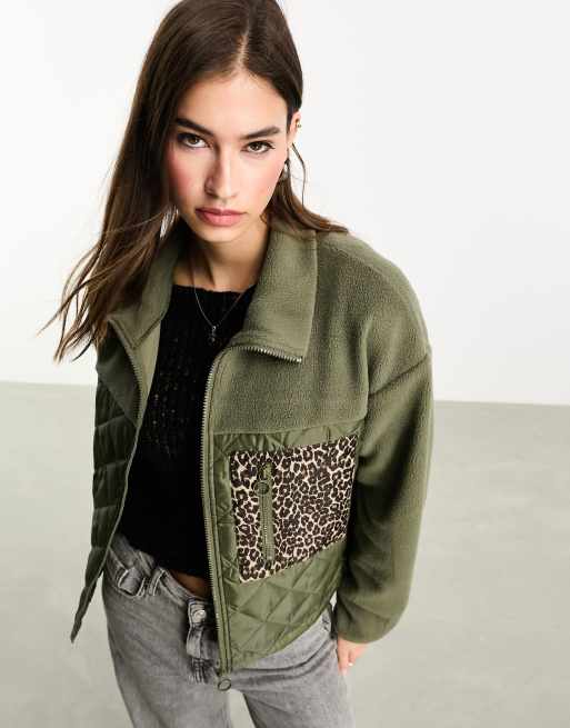 ONLY teddy fleece jacket with leopard print pocket in khaki | ASOS