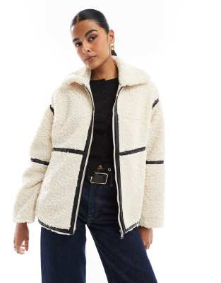 teddy jacket with contrast trim in cream-Brown