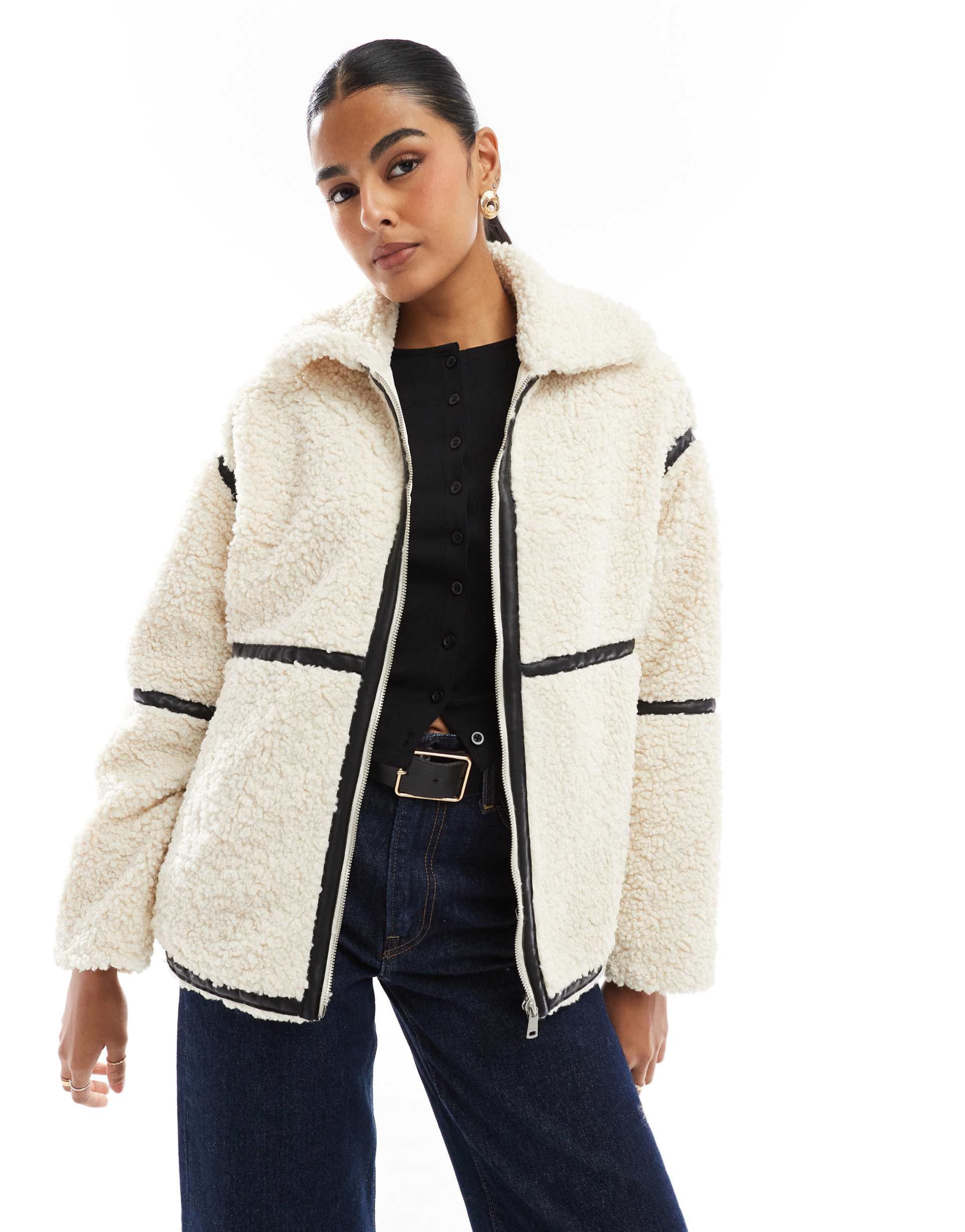 only teddy jacket with contrast trim in cream