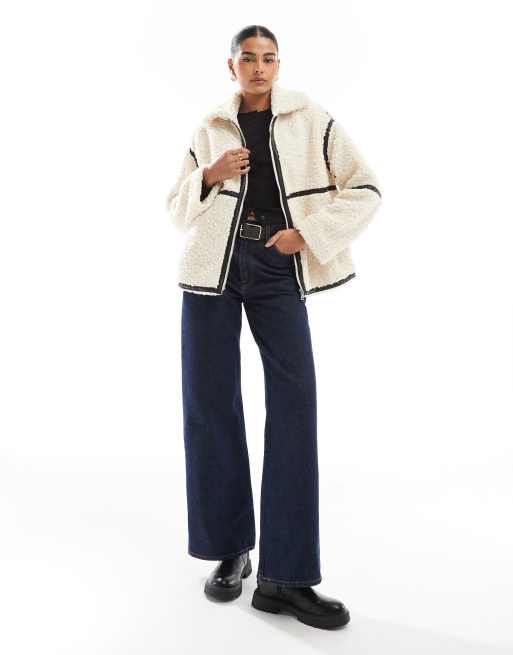 ONLY teddy jacket with contrast trim in cream | ASOS