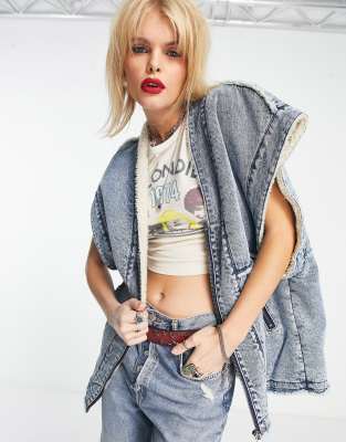 ONLY Only teddy lining denim gilet in acid wash blue