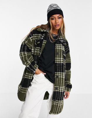 Only shearling shacket in khaki plaid - ASOS Price Checker