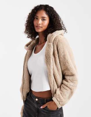 ONLY - Teddyfell-Jacke in Beige mit Kapuze-Neutral