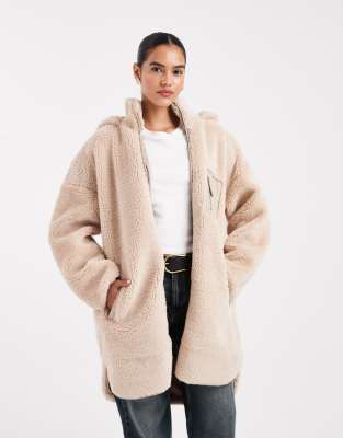 ONLY - Teddyfell-Jacke in Beige mit Kapuze-Neutral