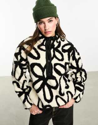 Damen Fleece Pullover Mit Blumenmuster - Kuscheliger Sherpa Sweatshirt Mit Halb-Reißverschluss