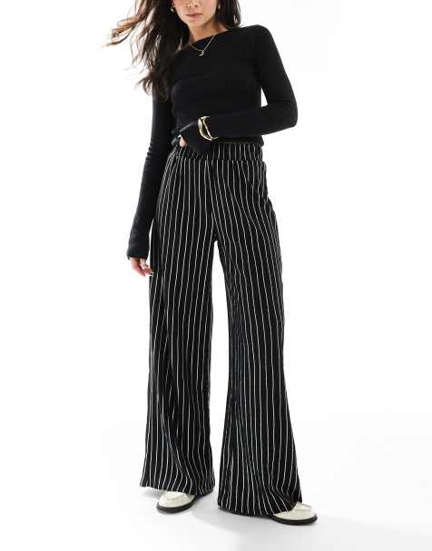 ONLY wide leg textured trouser in black pinstripe