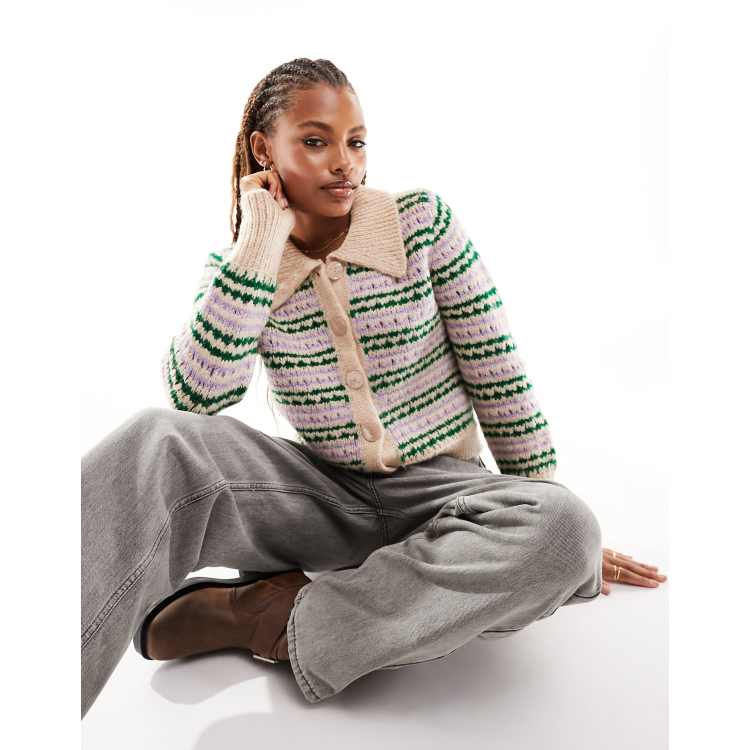 トップス Alia stripe sheer cardigan Only textured button up collar cardigan in cream stripe | ASOS