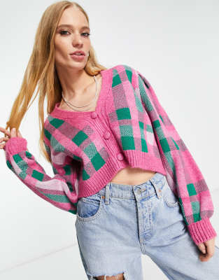 Only textured cardigan in pink and green check-Multi