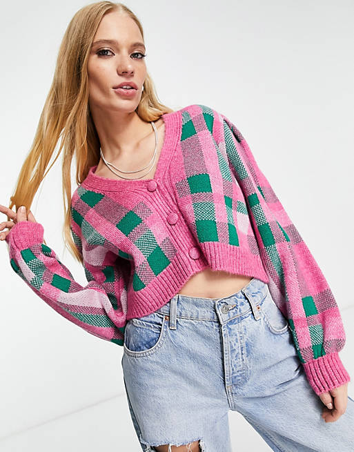 Only textured cardigan in pink and green check